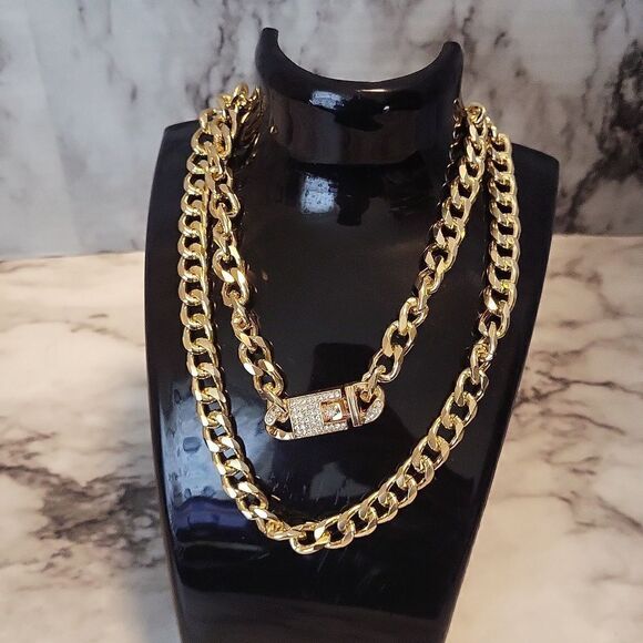 2 Pcs Statement Chunky Chain Necklace Set Inlaid with Shiny Rhinestones - Picture 8 of 11